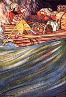 Arabia-028 The sixth voyage of Sindbad the sailor. Having balanced my cargo exactly, and fastened it well to the raft, I went on board with the two oars I had made